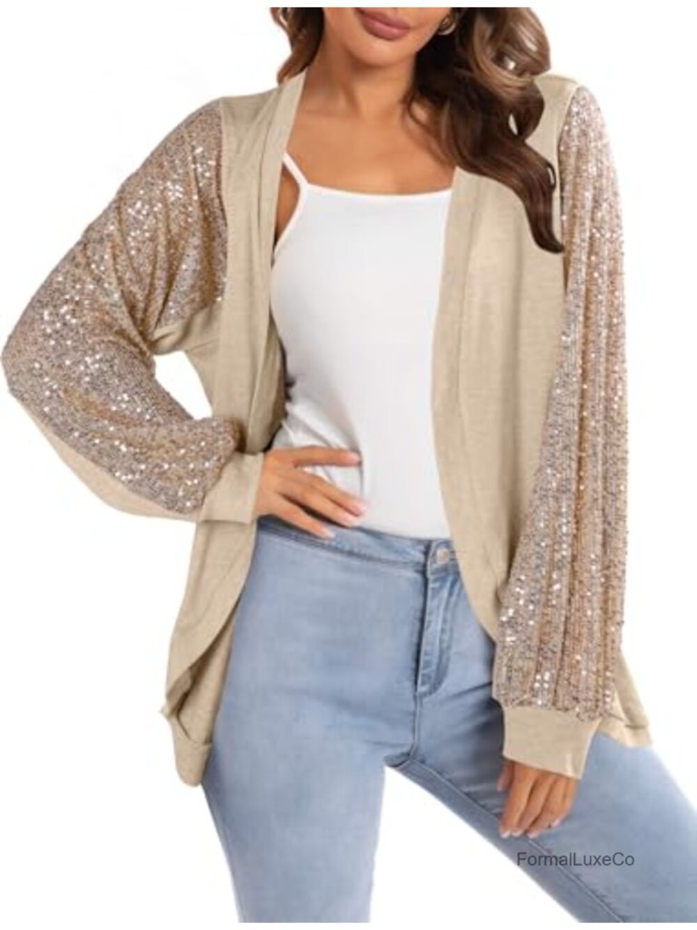 Sparkly Sequin Cardigan Open Front Long Sleeve Sweater Shimmer Glitter Party